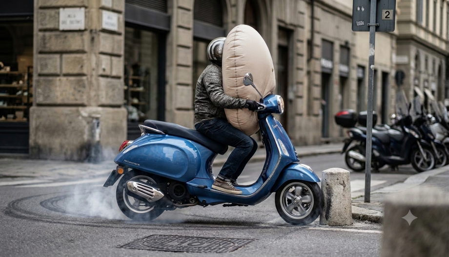 Questo airbag sta sul manubrio e abbraccia il motociclista